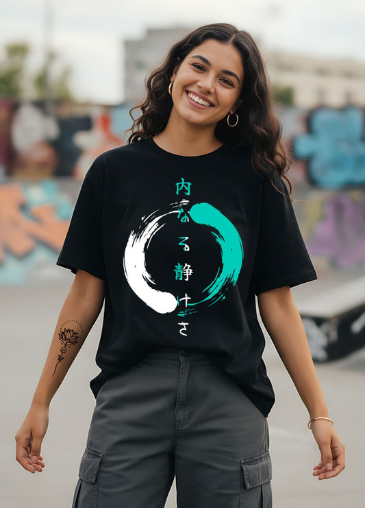 Inner Peace Split-Tone Oversized Tee – White & Turquoise on Black