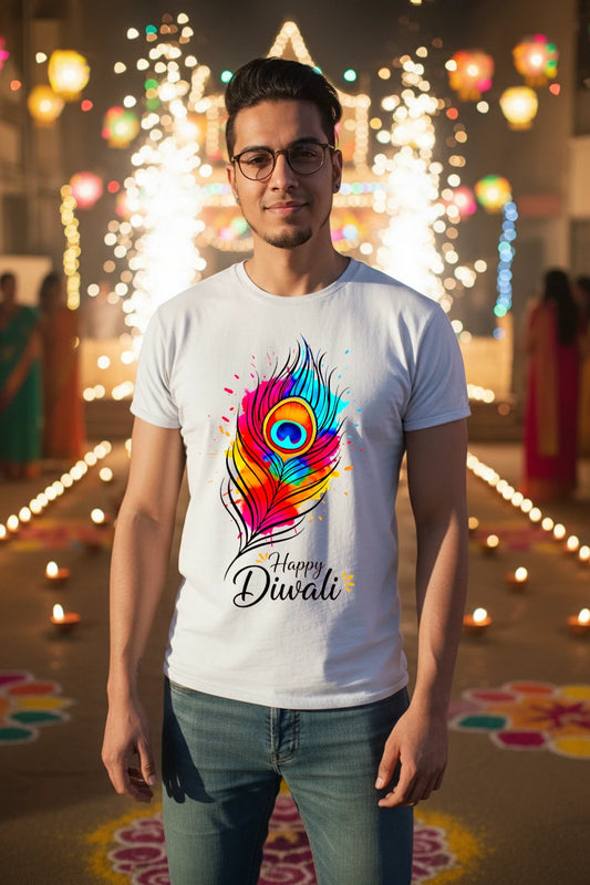 Man wearing a white t-shirt with a colorful peacock feather design and 'Happy Diwali' text, standing in a festive setting with lights and decorations.
