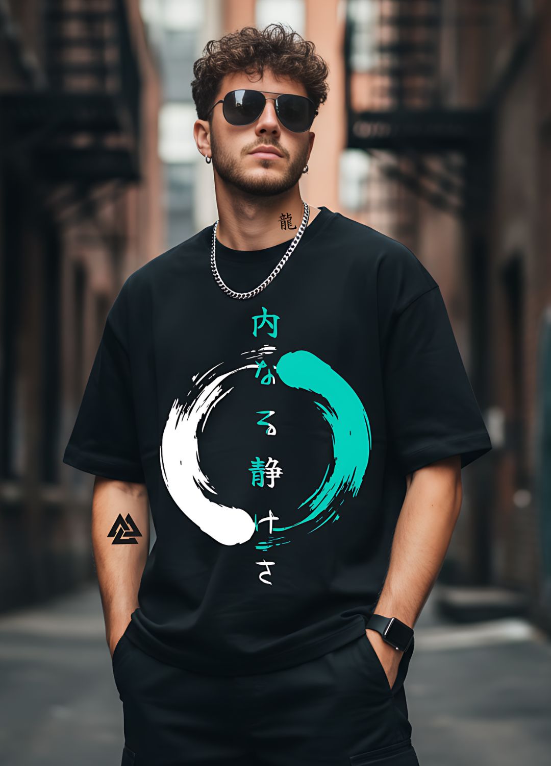 Inner Peace Split-Tone Oversized Tee – White & Turquoise on Black