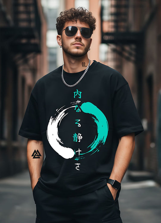 Inner Peace Split-Tone Oversized Tee – White & Turquoise on Black