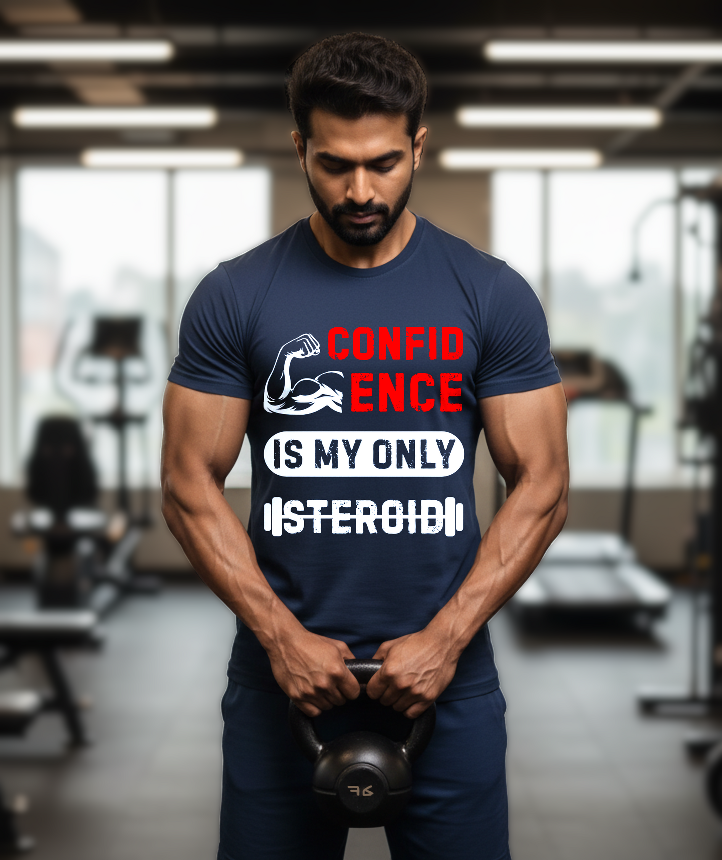 Man in a gym wearing a t-shirt with 'Confidence is my only steroid' text.