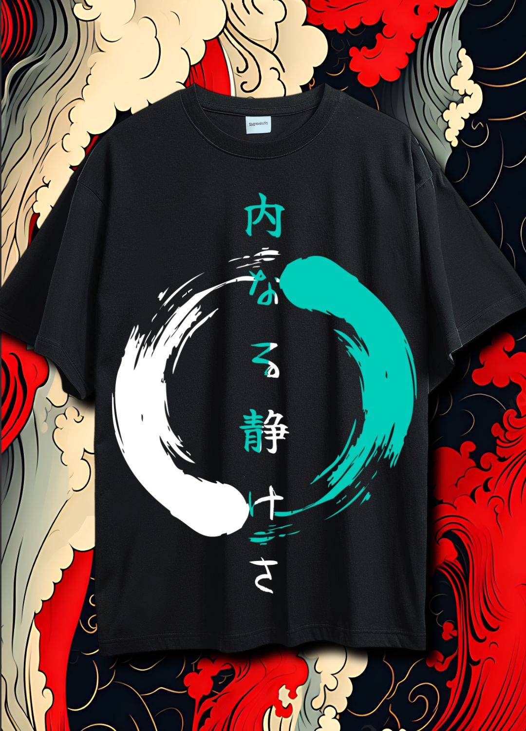 Inner Peace Split-Tone Oversized Tee – White & Turquoise on Black